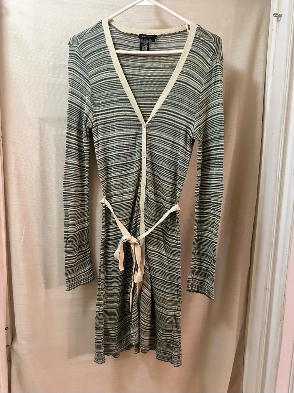 BCBGMAXAZRIA Striped Knit Tie Waist Cardigan Dress Blue Green Size Large